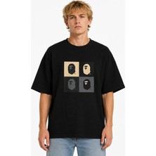 Unisex Kadın Erkek Bape Kara Tasarım Baskılı Oversize Kalın Kumaş Rahat Kesim T-Shirt
