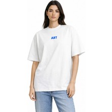 Unisex Kadın Erkek Art Mavi Yazı Ön Baskılı Oversize Kalın Kumaş Raahat Kesim Pamuklu T-Shirt