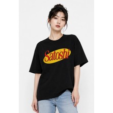 Unisex Kadın Erkek Satoshi Yazılı Sarı Ön Baskılı Oversize Kalın Kumaş Rahat Kesim T-Shirt