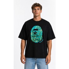 Unisex Kadın Erkek Bape Yeşil Bitki Tasarım Ön Baskılı Oversize Kalın Kumaş Rahat Kesim T-Shirt