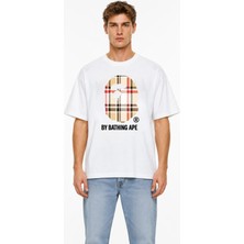 Unisex Kadın Erkek Bape Burr Ekoseli Bej Ön Baskılı Oversize Kalın Kumaş Rahat Kesim T-Shirt