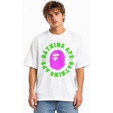 Unisex Kadın Erkek Bape Yuvarlak Yeni Sezon Ön Tasarım Baskılı Oversize Kalın Kumaş Rahat Kesim T-Shirt