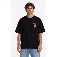 Unisex Kadın Erkek Saksı ve Baston Ön ve Arka Baskılı Oversize Kalın Kumaş Rahat Kesim Pamuklu T-Shirt