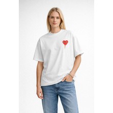 Unisex Comme Des Garçons Kalp Desenli Ön Baskılı Oversize Kalın Kumaş Rahat Kesim Pamuklu T-Shirt