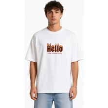 Unisex Kadın Erkek Hello Alev Yazılı Ön Baskılı Tasarım Baskılı Oversize Kalın Kumaş Rahat Kesim T-Shirt