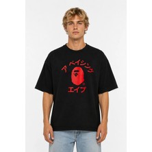 Unisex Kadın Erkek Bape Çince Kırmızı Tasarım Ön Baskılı Oversize Kalın Kumaş Rahat Kesim T-Shirt