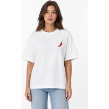 Unisex Kadın Erkek Kırmızı Biber Logo Ön Baskılı Oversize Kalın Kumaş Rahat Kesim T-Shirt