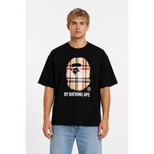 Unisex Kadın Erkek Bape Burr Ekoseli Bej Ön Baskılı Oversize Kalın Kumaş Rahat Kesim T-Shirt