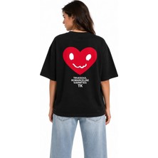 Unisex Kadın Erkek Tk Kırmızı Kalp Sırt Baskılı Oversize Kalın Kumaş Rahat Kesim T-Shirt