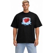 Unisex Kadın Erkek Snack Buz Küpü Ön Baskılı Oversize Kalın Kumaş Rahat Kesim Pamuklu T-Shirt