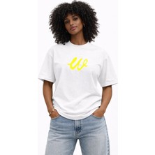 Unisex Kadın Erkek W Logo Özel El Yazılı Ön Baskılı Oversize Kalın Kumaş Rahat Kesim Pamuklu T-Shirt