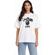 Unisex Kadın Erkek Bape Yılan ve Yazı Ön Baskılı Oversize Kalın Kumaş Rahat Kesim Pamuklu T-Shirt