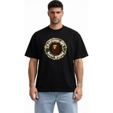 Unisex Kadın Erkek Bape Kamuflaj Ön Logo Baskılı Oversize Kalın Kumaş Rahat Kesim Pamuklu T-Shirt