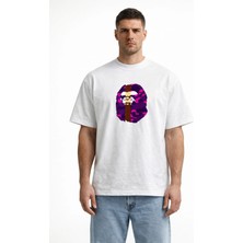 Unisex Kadın Erkek Bape Mor 2'li Kamuflaj Ön Baskılı Oversize Kalın Kumaş Rahat Kesim Pamuklu T-Shirt