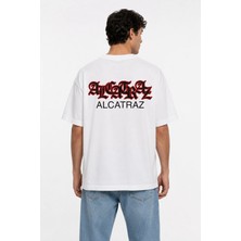 Unisex Kadın Erkek Ön Arka Alcatraz Yazı Baskılı Oversize Kalın Kumaş Rahat Kesim Pamuklu T-Shirt