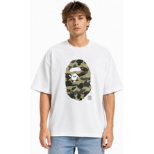 Unisex Kadın Erkek Bape Goril Kamuflaj Desenli Tasarım Baskılı Oversize Kalın Kumaş Rahat Kesim T-Shirt