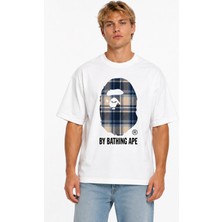 Unisex Kadın Erkek Bape Burr Ekoseli Mavi Bej Ön Baskılı Oversize Kalın Kumaş Rahat Kesim T-Shirt