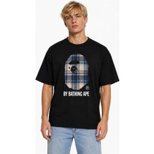 Unisex Kadın Erkek Bape Burr Ekoseli Mavi Bej Ön Baskılı Oversize Kalın Kumaş Rahat Kesim T-Shirt