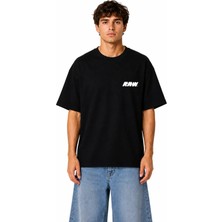 Unisex Kadın Erkek Raw Yazı Logo Ön Baskılı Oversize Kalın Kumaş Rahat Kesim Pamuklu T-Shirt