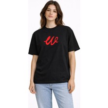 Unisex Kadın Erkek W Logo Özel El Yazılı Ön Baskılı Oversize Kalın Kumaş Rahat Kesim Pamuklu T-Shirt