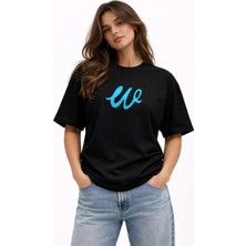 Unisex Kadın Erkek W Logo Özel El Yazılı Ön Baskılı Oversize Kalın Kumaş Rahat Kesim Pamuklu T-Shirt