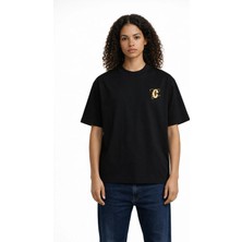 Unisex Kadın Erkek C Üstü Sarı Çizgili Ön Baskılı Oversize Kalın Kumaş Rahat Kesim Pamuklu T-Shirt