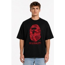 Unisex A Bathıng Ape Bape Kırmızı Goril Tasarım Baskılı Oversize Kalın Kumaş Rahat Kesim T-Shirt