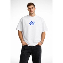 Unisex Kadın Erkek W Logo Özel El Yazılı Ön Baskılı Oversize Kalın Kumaş Rahat Kesim Pamuklu T-Shirt