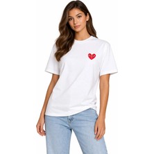 Unisex Kadın Erkek Kırık Kalp Comme Ön Baskılı Oversize Kalın Kumaş Rahat Kesim Pamuklu T-Shirt