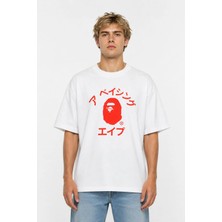 Unisex Kadın Erkek Bape Çince Kırmızı Tasarım Ön Baskılı Oversize Kalın Kumaş Rahat Kesim T-Shirt