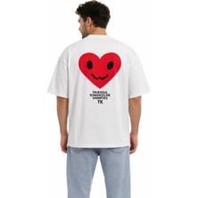 Unisex Kadın Erkek Tk Kırmızı Kalp Sırt Baskılı Oversize Kalın Kumaş Rahat Kesim T-Shirt