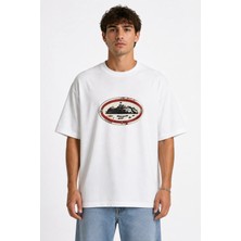 Unisex Kadın Erkek Cortiez Beyaz Logo Ön Baskılı Tasarım Baskılı Oversize Kalın Kumaş Rahat Kesim T-Shirt