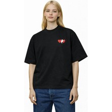 Unisex Kadın Erkek Commedes 3lu Kalp Ön Baskılı Oversize Kalın Kumaş Rahat Kesim Pamuklu T-Shirt