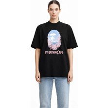 Unisex Kadın Erkek Bape Çin Çicek Ön Baskılı Oversize Kalın Kumaş Rahat Kesim Pamuklu T-Shirt