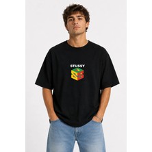 Unisex Kadın Erkek Stussy Renkli Logo Ön Baskılı Tasarım Baskılı Oversize Kalın Kumaş Rahat Kesim T-Shirt