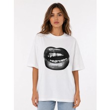 Unisex Kadın Erkek Dudak Ağız Charm Baskılı Oversize Kalın Kumaş Rahat Kesim T-Shirt