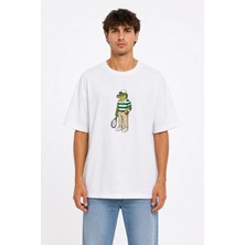 Unisex Kadın Erkek Tenis Raketli Timsah Ön Baskılı Tasarım Baskılı Oversize Kalın Kumaş Rahat Kesim T-Shirt