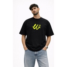 Unisex Kadın Erkek W Logo Özel El Yazılı Ön Baskılı Oversize Kalın Kumaş Rahat Kesim Pamuklu T-Shirt