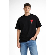 Unisex Comme Des Garçons Kalp Desenli Ön Baskılı Oversize Kalın Kumaş Rahat Kesim Pamuklu T-Shirt
