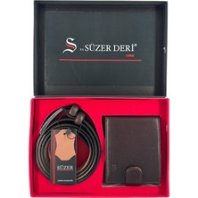 Süzer Deri %100 Gerçek Deri Kemer ve Cüzdan Özel Kutulu Hediyelik Set Kahverengi /damat Bohçası ve Özel Günlere