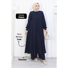 Moda Hayme Viskon Alt Üst Ikili Tesettür Takım Yarım Mevlana Tunik ve Pantolon Bir Arada Lacivert