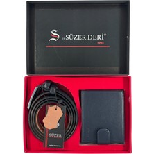 Süzer Deri %100 Gerçek Deri Kemer ve Cüzdan Özel Kutulu Hediyelik Set Lacivert (Damat Bohçası ve Özel Günlere)