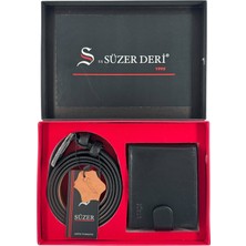Süzer Deri %100 Gerçek Deri Kemer ve Cüzdan Özel Kutulu Hediyelik Set Siyah (Damat Bohçası ve Özel Günler Için)