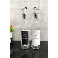 Şeffaf Cam 375 ml Şişe Etiketli Akıtıcılı Yağlık Yağdanlık Set Siyah Beyaz ST00488