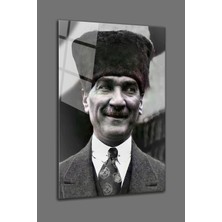 Moontime Alaçatı Atatürk Şapkalı Portre Cam Tablo - Ofis Dekorasyon - 4 mm Kırılmaz Temperli Duvar Tablosu - Ev Dekor