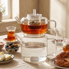 Asitan Flat Borosilikat Cam Çaydanlık Takımı 980 ml Demlik + 1600 ml Alt Demlik | Çelik Süzgeçlü, I