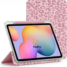 Fibaks iPad Air 11 M2 M3 M4 Çip Air 4./5./6. Nesil Kılıf Pembe Leopar Desenli Kalem Bölmeli Arkası Şeffaf Kapak