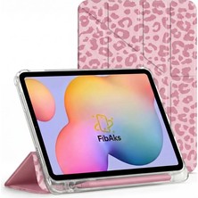 Fibaks Galaxy Tab A7 SM-T500 T505 10.4 Inç Kılıf Pembe Leopar Desenli Kalem Bölmeli Trifold Smart Standlı Uyku Modlu Güçlü Mıknatıslı Devrilmez Kapak
