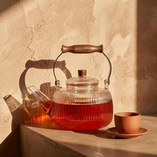 Asitan Akasya Ahşap Saplı 1 Litre Borosilikat Cam Çaydanlık - Isıya Dayanıklı Oluklu Tasarım, Damla