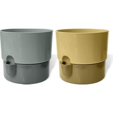 Asitan Dora Saksı Tabaklı Çiçek Kaktüs Saksısı Parlak Plastik Saksı (2 Adet, Gri&krem, 1l, 13CM)